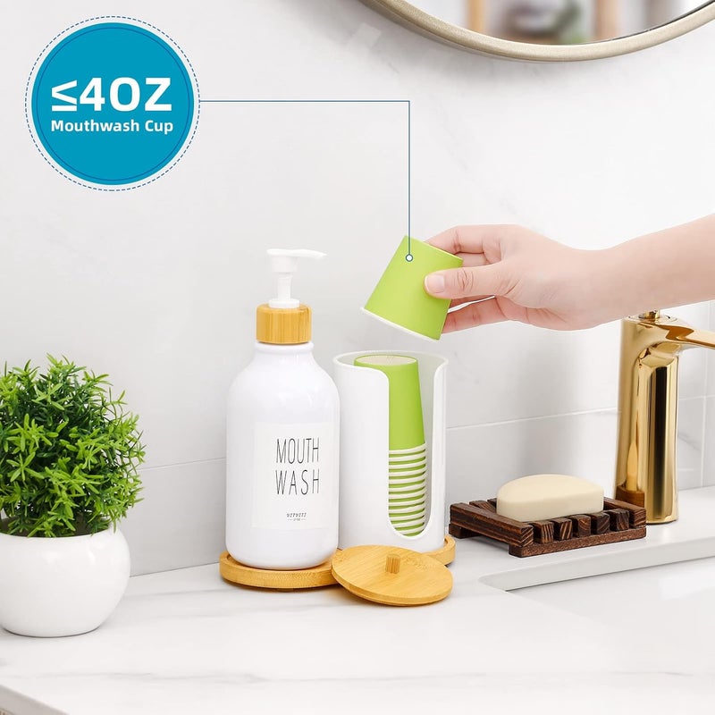 VITVITI Mouthwash Dispenser for Bathroom, Mouth Wash Pump Bottle with Paper Cup Holder, 17Oz Refillable White Mouthwash Container with Bamboo Lid/Tray/Label - Image 3